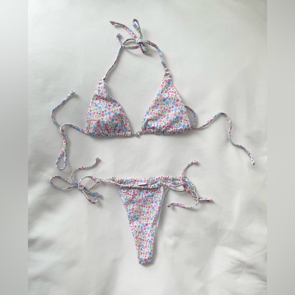 Floral Triangle Bikini - Blue and Pink - size S / US 4